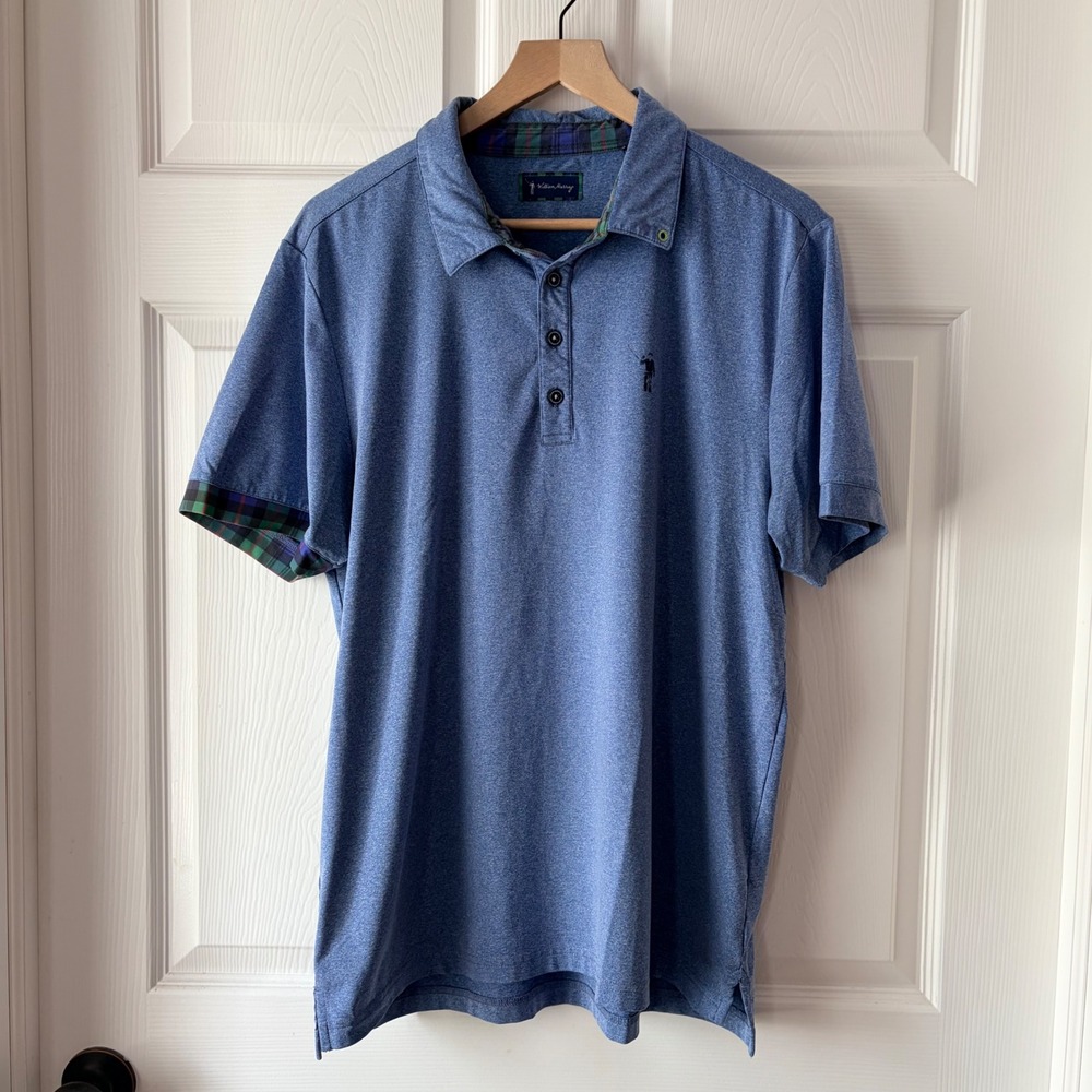 William Murray Mens Large Blue Heather Golf Polo Short Sleeve Plaid Trim Stretch